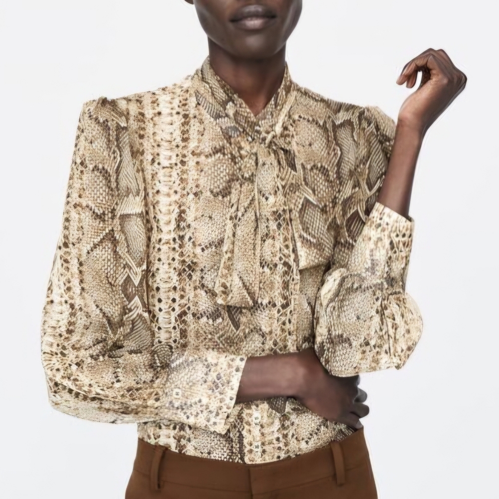 Zara Snake Skin Print Chiffon Blouse S Bow-Tie Neck Long Sleeve Button Front